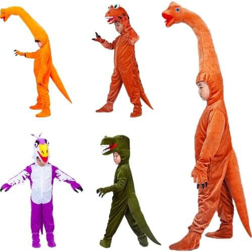 New Kids Dinosaur Costumes Halloween Cosplay Costume T-rex Brachiosaurus Raptor Jumpsuit Plush Purim Party Suit for Boys Girls
