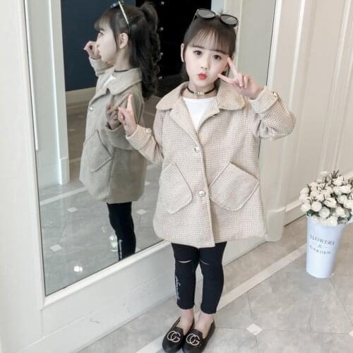 Hot Girls Autumn Plaid Woolen Coat Outerwear With Pocket Childrens Casual Elegant Woollen Jacket Kids Spring Trench Coat P112