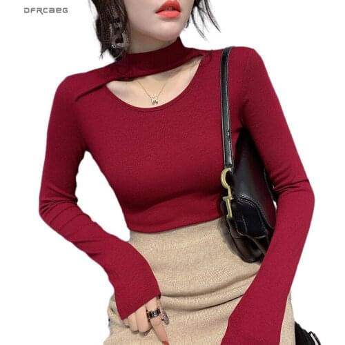 Sexy Hallow Out Cotton Women Tee Shirt 2020 Spring Long Sleeve Slim T-Shirt Stand Neck Tshirt Casual Korean Ladies Tops Clothes