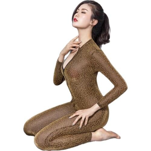Leopard Zipper Open Crotch Bodysuit See Through Transparent Bodycon Rompers Hot Sexy Jumpsuit Combinasion Clubwear Bodystocking