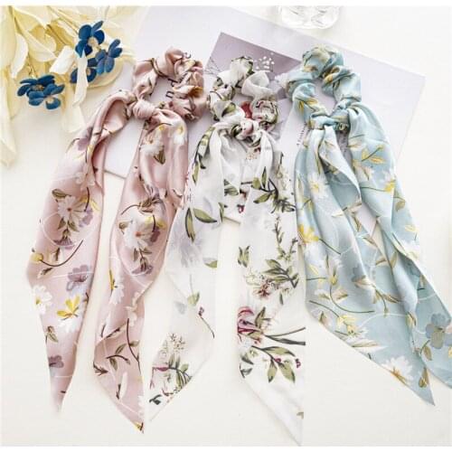 Floral Print Satin Scrunchies Girls Bow Knot Ponytail Holders Pink Blue White Elastic Hair Bands Long Ribbon Hair Accessories