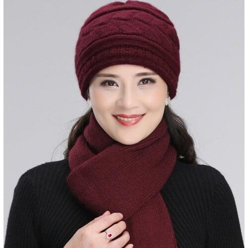 Middle-aged Elderly Hat Female Rabbit Fur Knitted Wool Cap Grandma Christmas Gift Mother Autumn Winter Soft Scarf Hats H7162