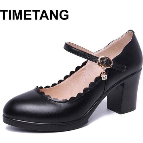 TIMETANG2020 women pumps comfortable leather high heel shoes women casual round toe thick heels office shoes black white