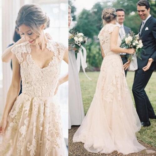 V Neck Full Lace Appliques Blush Champagne Long Sweep Train Reem Acra Formal Bridal Gowns Cheap Country A Line Wedding Dresses