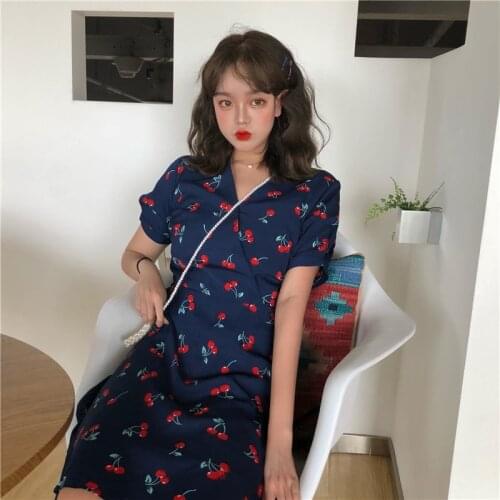 Vintage V-neck High Waist Cute Cherry Dress Womens Lovely Dresses Ins Chic Kawaii Girl Sweet Harajuku Punk Clothes For Women