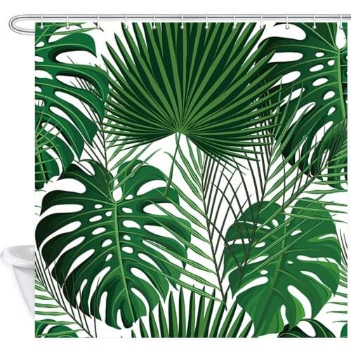 Green Tropical Plants Shower Curtains for Bathroom Abstract Exotic Palm with Monstera Leaves