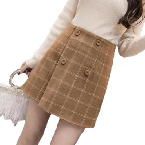 Fall winter women woolen plaid mini skirts female high waist a line plus size button front vintage skirts new fashion grey