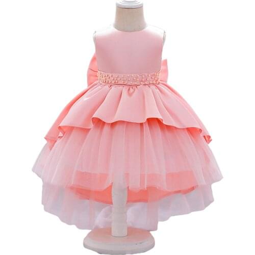 2021 Kids Summer Princess Dress Solid Color Sleeveless Long Tail Skirt with Pearls and Bow Decor for Little Girls 1-6 Years