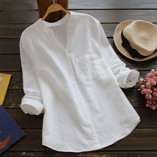 Summer Women Loose Blouses Shirt Solid Ladies Linen Cotton Long Sleeve Button Casual Shirt Women blusas mujer de moda 2020 36