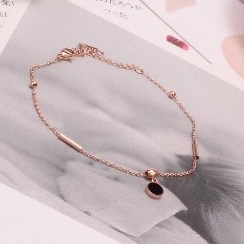 Rose Gold Color Stainless Steel Chains Foot Bracelet Black Round Charms Anklets For Women 5CM Extending Length No Fade