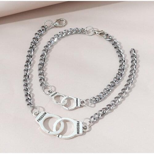2PCS Punk Handcuffs Paried Bracelets for Couples Women Mens Charm Link Chain Bracelet Lovers Jewelry Valentines Day Gift