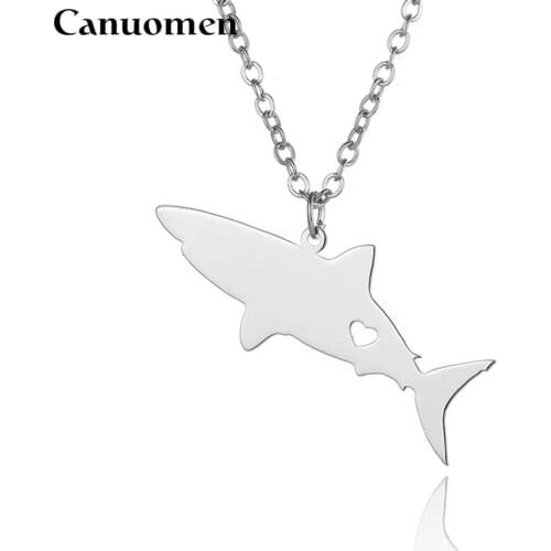 Canuomen Shark Pendant Necklace with Love Heart Stainless Steel Sea Life Gold Color Link Chain for Men and Women Charm Jewelry