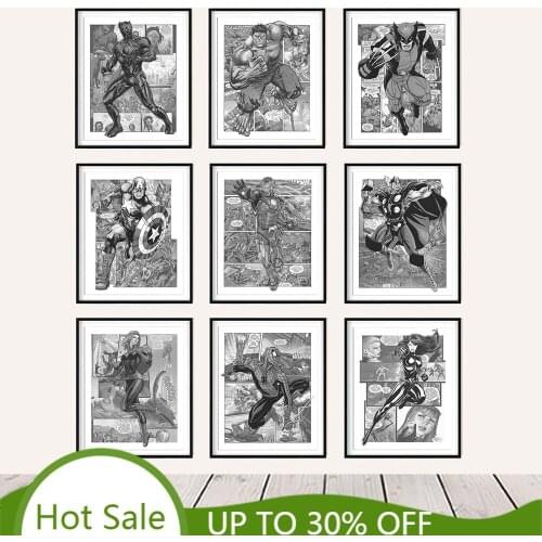 Black And White Comics Avengers Posters Marvel Superhero Print Canvas Painting Anime Pictures Wall Art Pictures Boy Room Decor