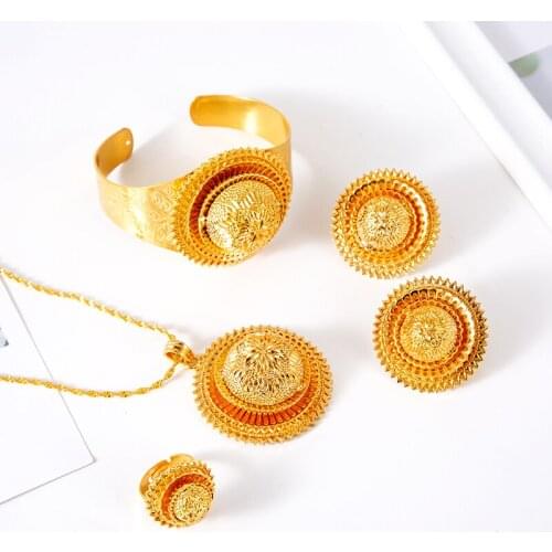 Ethiopian Jewelry sets Pendant Necklaces Earrings Ring Bangles for Womens Gold Color Eritrean African Bride Gifts