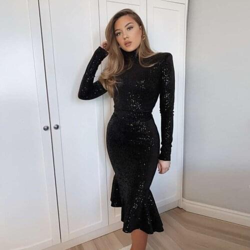 High neck long sleeves bodycon mermaid midi dress black sequined Autumn 2020 Party Dress