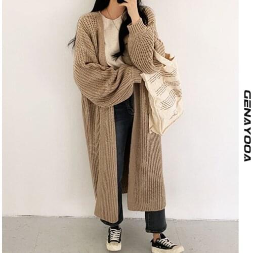 Genayooa 2021 Autumn Winter Open Stitch Long Cardigan Women Long Sleeve Warm Oversized Ladies Cardigans Knit Korean Sweater