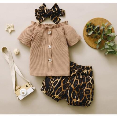 #VW Children Girls Infant Clothes Set Solid Short Sleeve Tops Leopard Printed Shorts Outfits+Headbands Set Summer Girls Sets