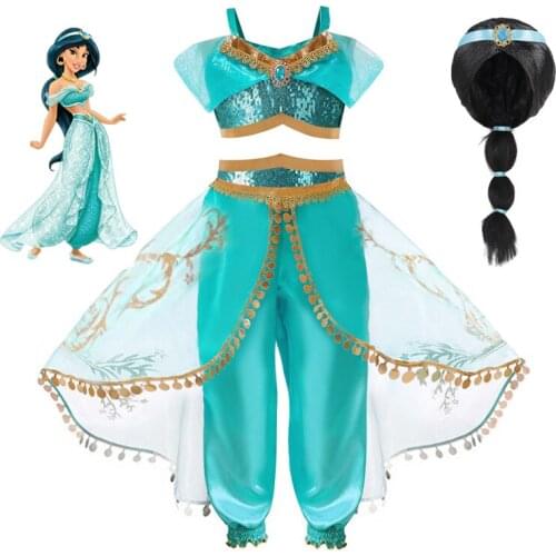 Halloween One Thousand and One Nights Allah’s Magic Lamp Girls’ COS Costume, Princess Jasmine Party Cosplay Costume Top + Pants