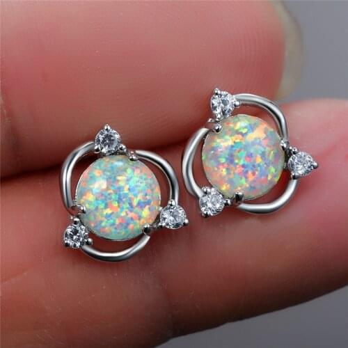 Cute Female White Opal Stone Earrings Small Round Zirconia Stud Earrings For Women Dainty Bridal Wedding Earrings