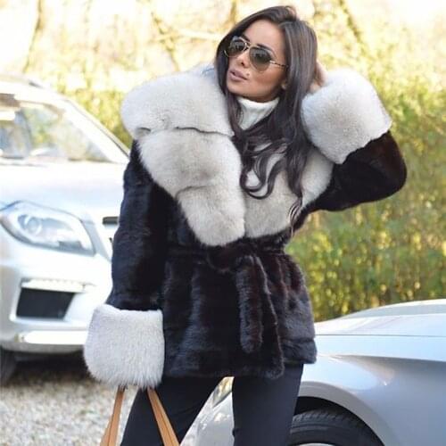 Fashion Dark Coffee Mink Fur Jacket with Fox Fur Turn-down Collar Natural High Quality Real Mink Fur Coat Medium Length Outwear