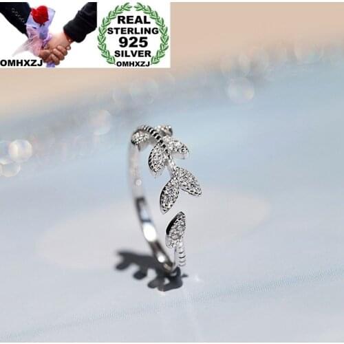 OMHXZJ Wholesale European Fashion Woman Girl Party Wedding Gift White Leaves AAA Zircon Open 925 Sterling Silver Ring RR278