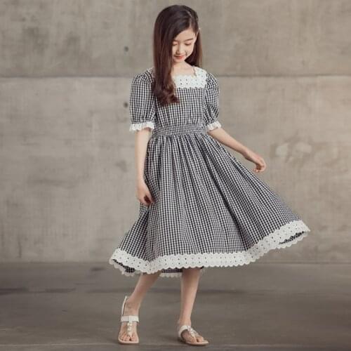 10 12 Kids Short Sleeve Plaid Lace Dresses 2021 New Summer Elegant Teen Girls Clothes