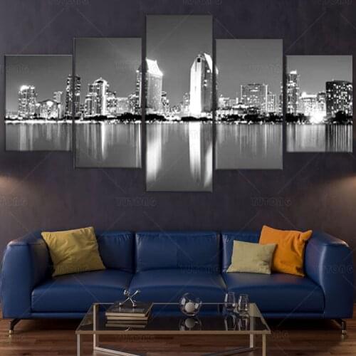 USA City Cityscape Canvas Wall Art San Diego Skyline at Night Framed Black & White B&W Coronado California Night View Picture