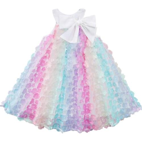 Pretty Princess Summer Sleeveless Flower Rainbow Bow O-neck Knee-length Dress For Girls Clothes Toddler Kids Baby Children 2-7Y