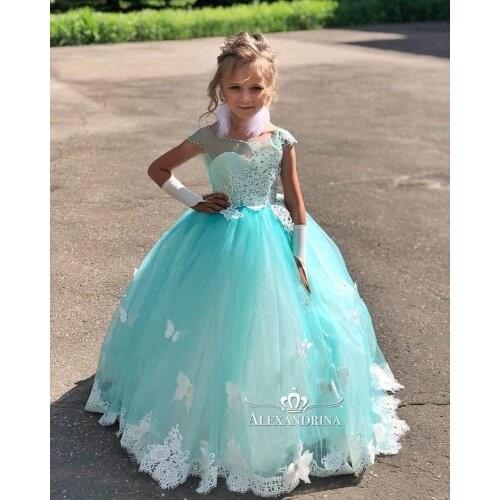 Flower Girls Blue Dresses Princess Ball Gowns Butterfly Lace Applique Girls Dresses Ball Gowns Custom