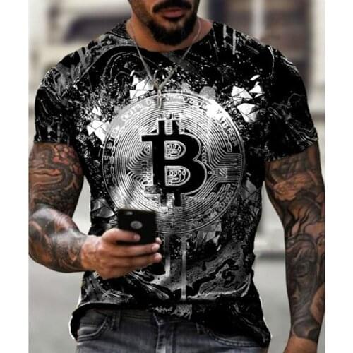 Casual Fashion Short Sleeve Sports Mens T-shirt Big Round Neck Bitcoin 3D Printing T-shirt Breathable Fitness Mens Clothing