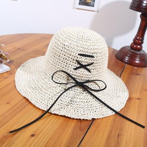 Summer Raffia Sun Hat Korean Sunscreen Leisure Outdoor Women Straw Cap Travel Beach Sunshade Foldable Bowknot Casual Hats H7401