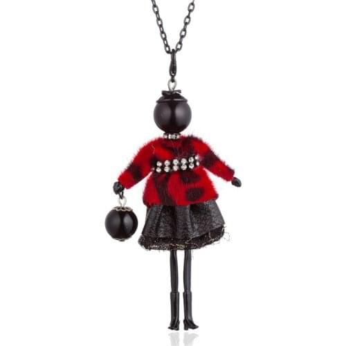 Handmade Sweater Leather Short Dressed Doll Pendant Statement Necklace Cute Girl Long Chain Maxi Jewelry For Women Bijoux