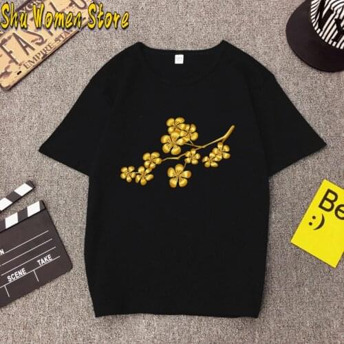 Funny Womens T-shirt Golden Leaf Print Harajuku Short-Sleeved O-Neck Women Tshirt Lady Tops T Shirt Vogue Summer T-shirt Print