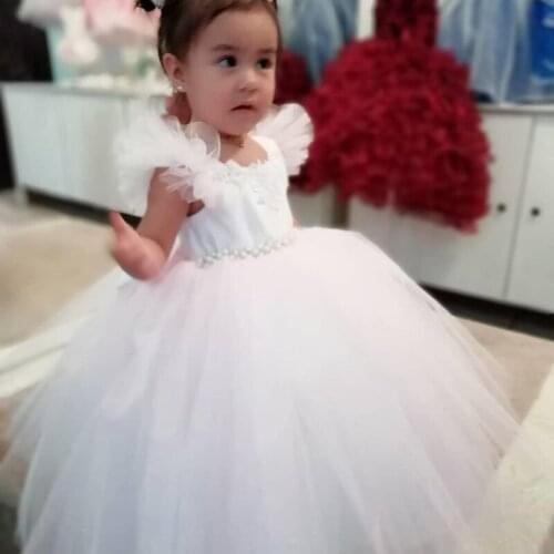 Pearls Flower Girl Dresses for Wedding Lace Girl Ball Gown for Wedding Kids Communion Pageant Birthday Dresses