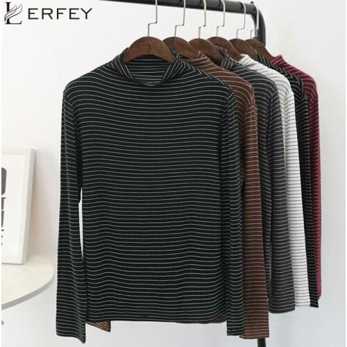 LERFEY Women Turtleneck Korean Style T Shirt Harajuku Top Long Sleeved Striped Tops Female T-shirt Casual Tops