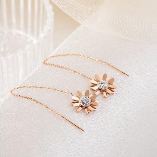 Fashion Tassel Chain Little Daisy Crystal Drop Earring For Women Rose Gold Color Stainless Steel Ear Line Jewelry Female Gift