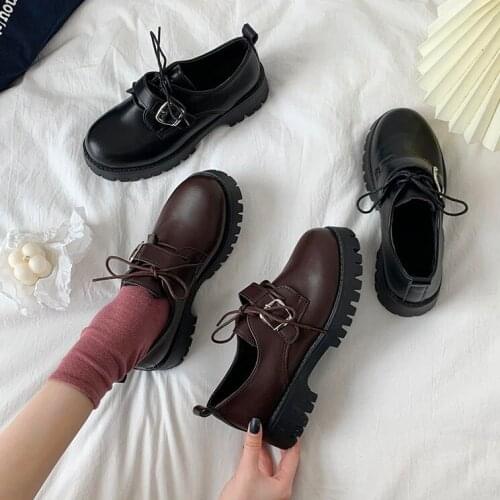 Women Platform Oxford Shoes 2021 Spring Vintage Brown Leather Flats Lace Up Women Fashion Loafer Shoes Black Oxford Shoes