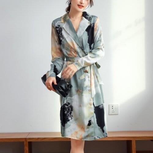 Autumn Office Elegant Womens Suit Collar Midi Dress Double Breasted Long Sleeve Tie Dye Vintage Dress 2021 Vestidos Female Robe