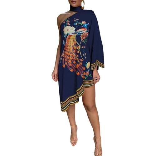 Women Fashion Choker Peacock Print One Shoulder Irregular Ruffled Hem Dress Dresses Woman Summer 2021