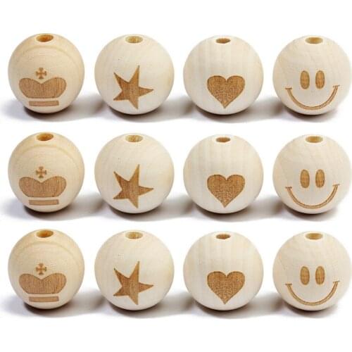40Pcs/lot 20mm Natural Wooden Round Beads Smiling Face Heart Crown Star Baby Teether Child Teething Beads for Necklace Making
