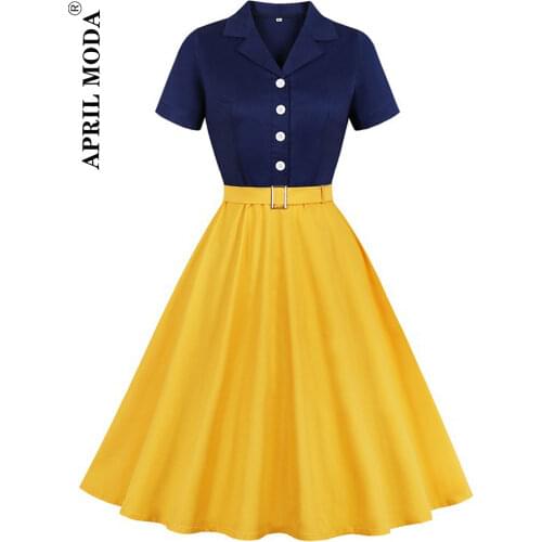 Plus Size Women Vintage Dresses 50s Yellow Patchwork Notched Collar Button Sundress Elegant Rockabilly Party Swing Vestidos