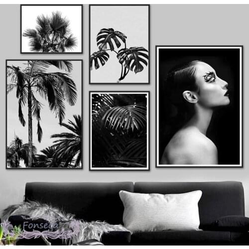 Black White Fashion Girl Plant Wall Art Canvas Painting Monstera Leaf Palm Tree Posters and Prints Modular Pictures Living Room