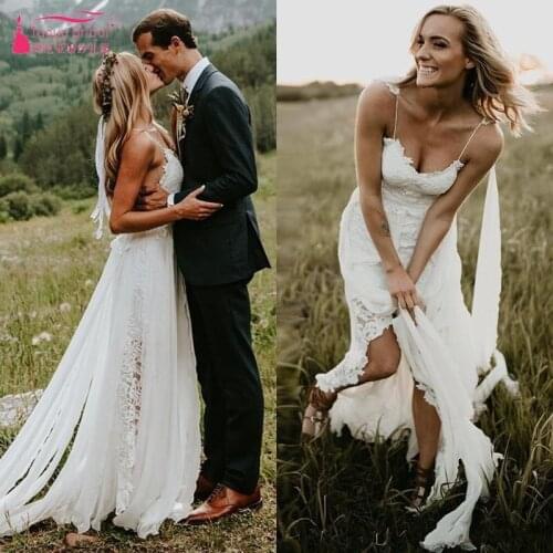 Bohemian Long Wedding Dresses High Side Split Lace Appliques A Line Boho Beach Spring Summer Bridal Gown MBP10