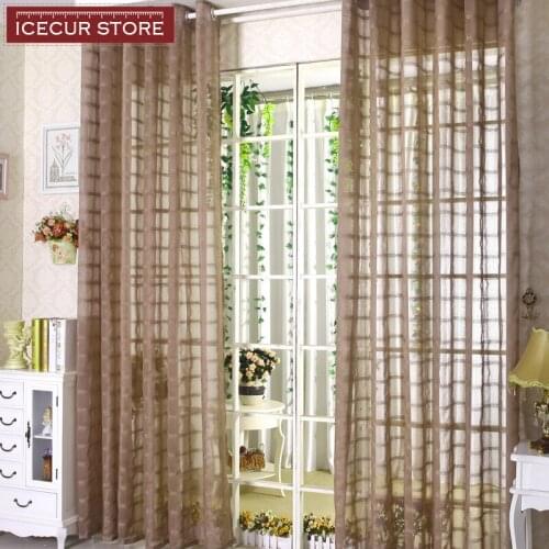ICECUR Ceiling Drapes Plaid Sheer Curtains For Living Room Linen Cotton Voile Curtain Tulle For Balcony Bedroom 10 Color Choose