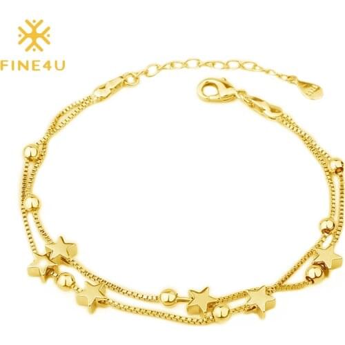 FINE4U B225 Double Layer Box Chains Bracelet Stainless Steel Stars Beads Charms Bracelets Friendship Jewelry Gifts