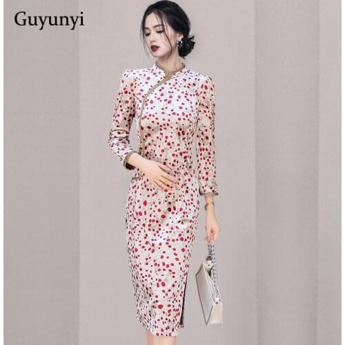 Elegant Party Dress 2021 Autumn High Waist Tight Hem Side Slit Stand Collar 3/4 Sleeves Simple Printing Velvet Dress Women