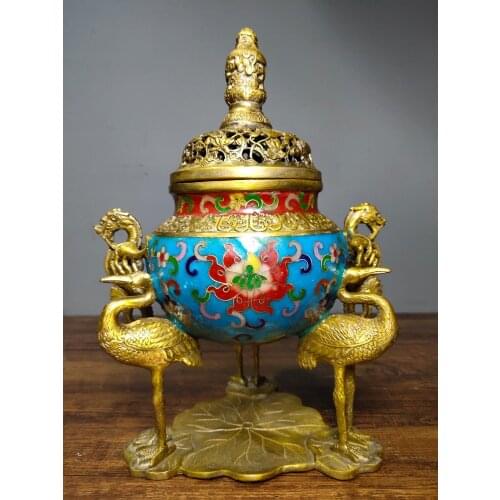 10" Tibet Buddhism Temple Old Bronze Cloisonne Three Cranes with Lotus Leaf Foot Chilong Double Ear Panlong Cover Incense Burner