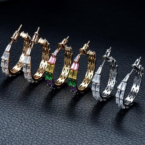 HIBRIDE Fashion AAA Cubic Zirconia Baguette Hoop Earring Brincos For Women Jewelry Circle Earrings Bijoux Femme Jewelry E-845