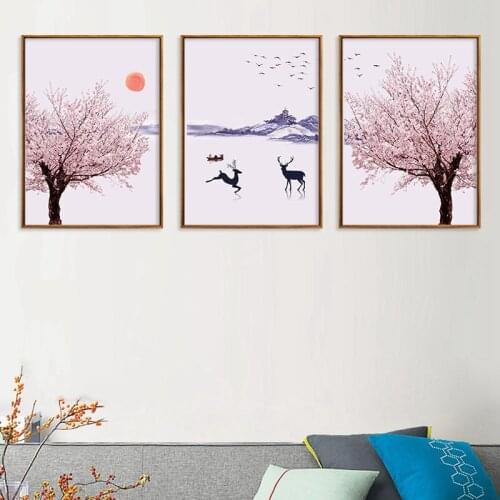 Japanese Landscape Cherry Blossoms Canvas Paintings Flowers Mountain Abstract Poster Nordic Deer Wall Art Picture Unframed