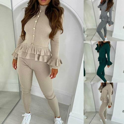 2pcs Womens Ladies Fine Ribbed Frill Gold Button Loungewear Suit Tracksuit Set